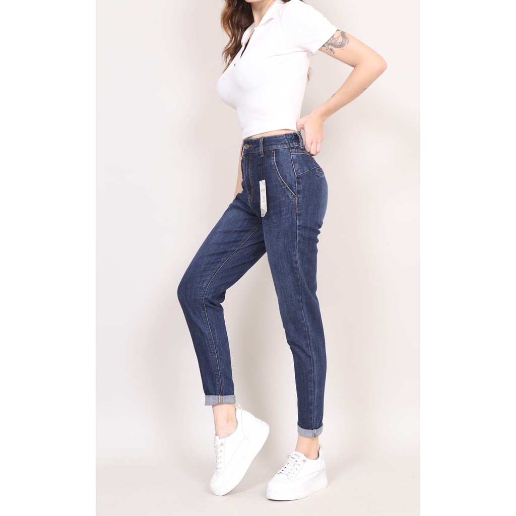 Quần jean nữ boyfriend baggy bán chun nâng mông trơn co giãn gấu thường CT JEANS