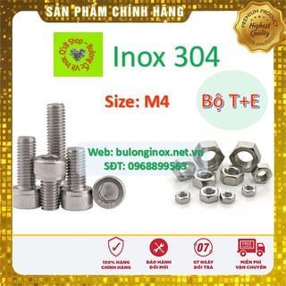 Bulong lục giác chìm đầu trụ size M4  inox bộ Thân + Ecu (Bộ TE) , ốc đầu trụ , ốc lục lăng đầu trụ inox, inox 304