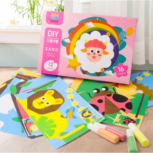 Bộ 16 tranh cát kích thước 21x14cm kèm 12 ống màu và khay hứng cát cho bé