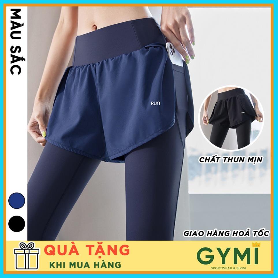 Quần tập gym yoga nữ thun lạnh GYMI QD28 dáng legging có quần short phía trước chống lộ kèm túi dựng điện thoại !