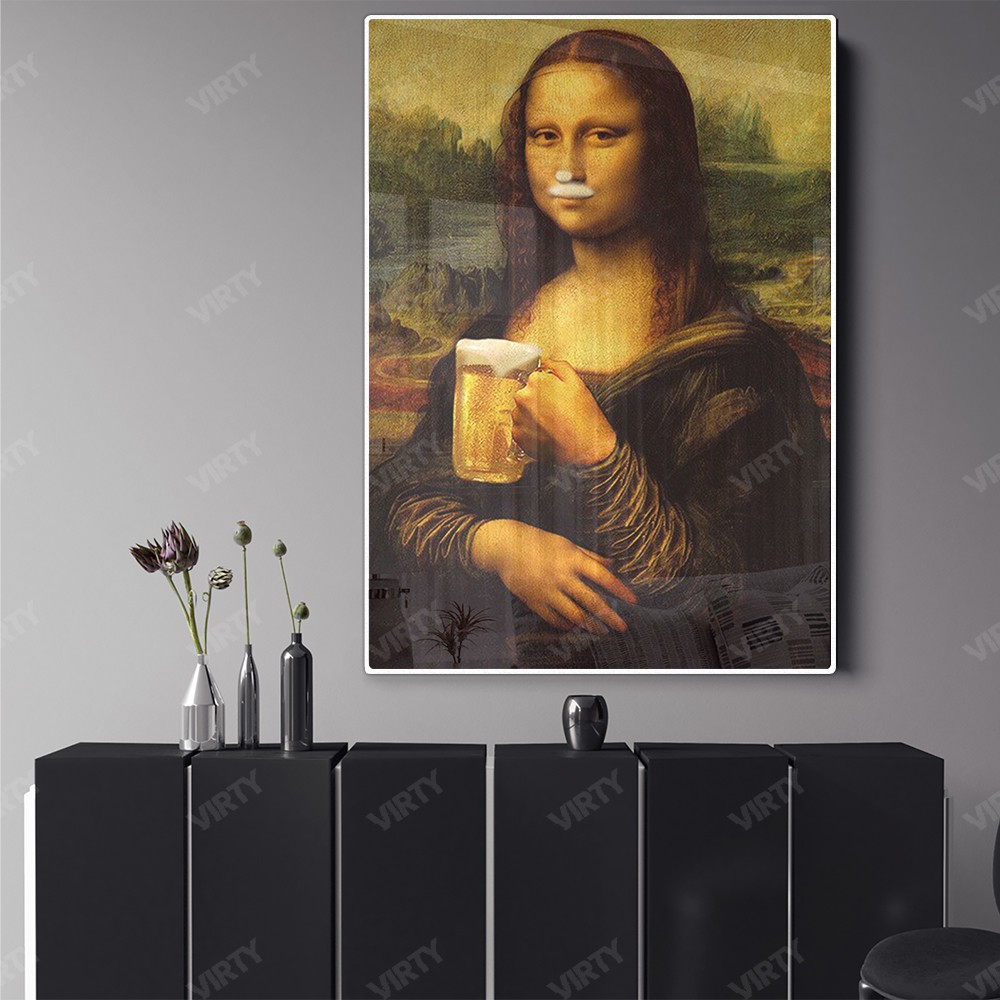 [Sale Shock] Tranh canvas decor Mona Lisa Drinking Beer Funny Art