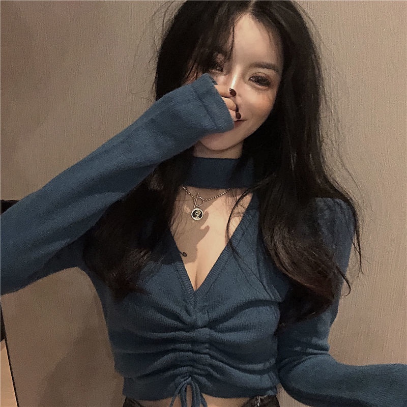 Áo croptop len dệt kim dây rút xanh Blue khoét cổ quyến rũ mẫu 2021 | BigBuy360 - bigbuy360.vn