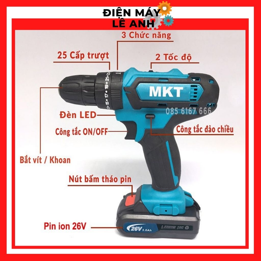 Máy khoan súng bắn bắt siết ốc vít bulong cầm tay mini Makita pin 26V 3 chức năng có búa giá rẻ, Tặng kèm 24 chi tiết