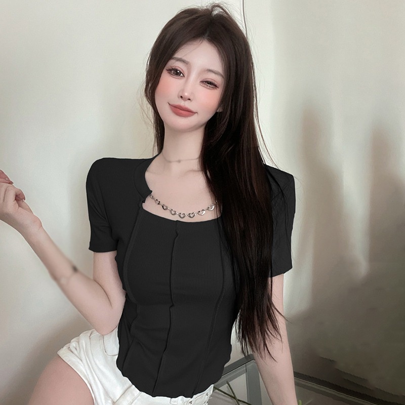 Áo Thun Tay Ngắn Dáng Ôm Màu Trơn Cổ Vuông Kiểu Hàn Quốc Thời Trang Mùa Hè Cho Nữ