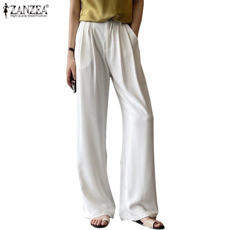 Quần dài ống rộng ZANZEA màu trơn phong cách Hàn Quốc thời trang vintage cho nữ