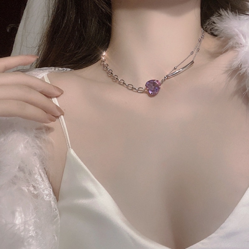 Vòng cổ Ngắn Mặt Trái Tim Màu Tím Phong Cách Cổ Điển