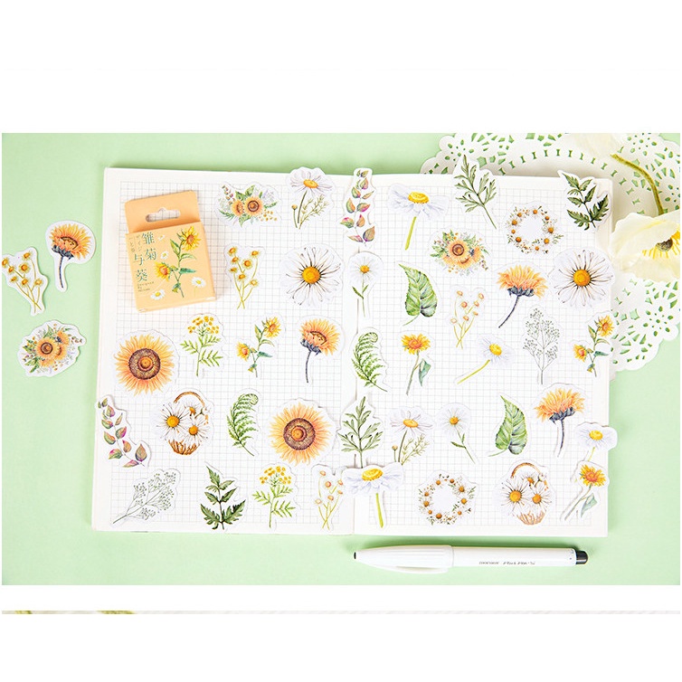 Hộp 45 miếng dán, Sticker trang trí thiệp, sổ, đồ dùng cá nhân chủ đề CÂY VÀ HOA độc lạ BAG U