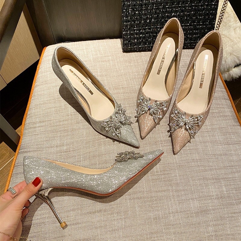 Giày cao gót 8p bọc lụa nhũ đính đá nơ siêu hot hit Full box hàng nhập QCCC RH-828-30