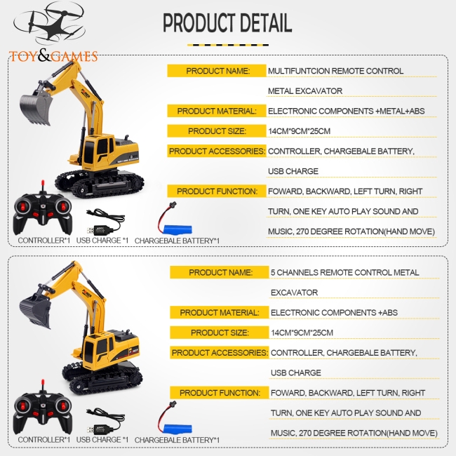 Xe máy xúc đồ chơi điều khiển từ xa 2.4GHz 6CH tỉ lệ 1 : 24