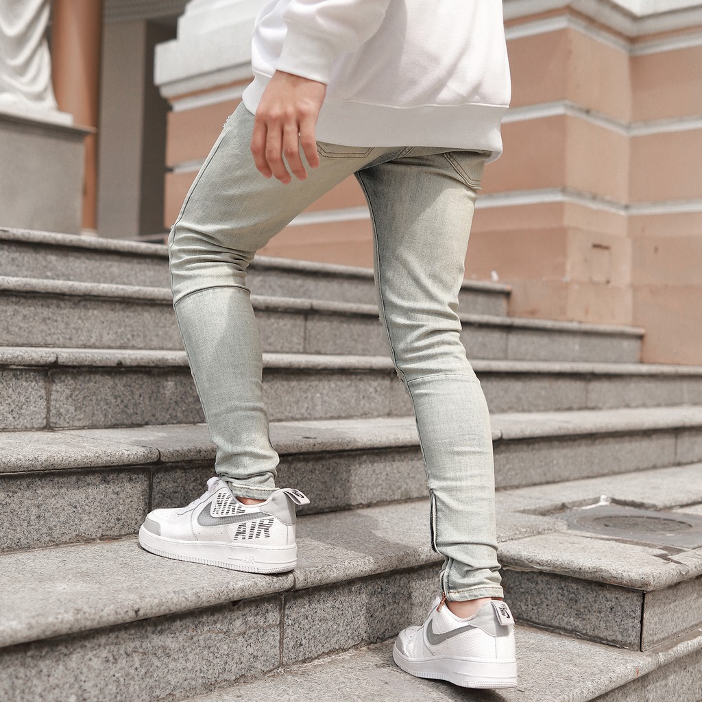 QUẦN SKINNY JEANS RÁCH CÓ ZIP MÀU XANH BẠC