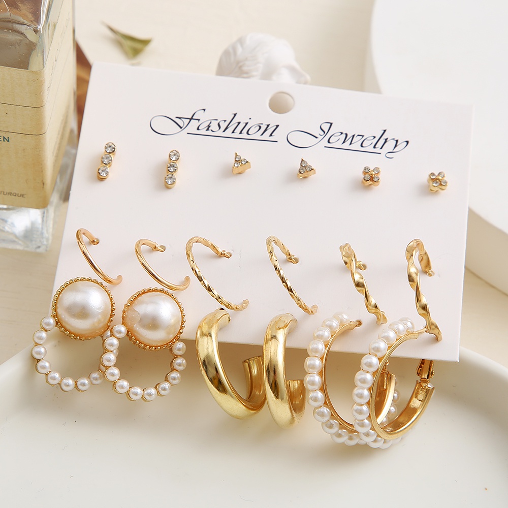 10Pcs/Set Diamond Earrings Set Metal Cloud Pearl Women Gold Earing Fashion Jewelry Accessories