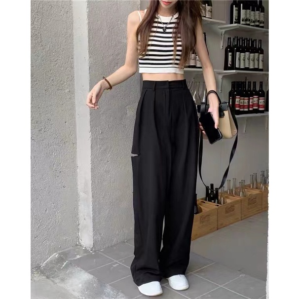 Quần Dài Nữ Ống Rộng Rách Gối Phong Cách Mới