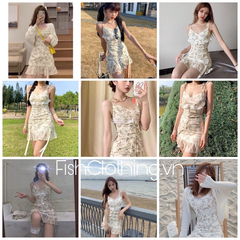 SẴN🎀Váy bánh bèo ulzzang hai dây hoa nhí đuôi cá ngắn ôm body phối ren thắt dây eo|Đầm kiểu tiểu thư dễ thương kỉ yếu | BigBuy360 - bigbuy360.vn