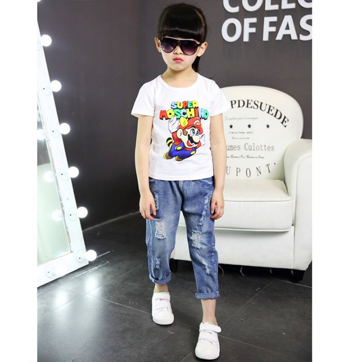 Quần jeans dài phối rách cho bé gái 4-8 tuổi cá tính năng động BBShine – Q013