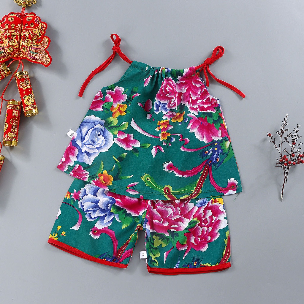 Set Áo Cộc Tay Thắt Nơ Cổ + Quần Short In Hoa Cho Bé Gái