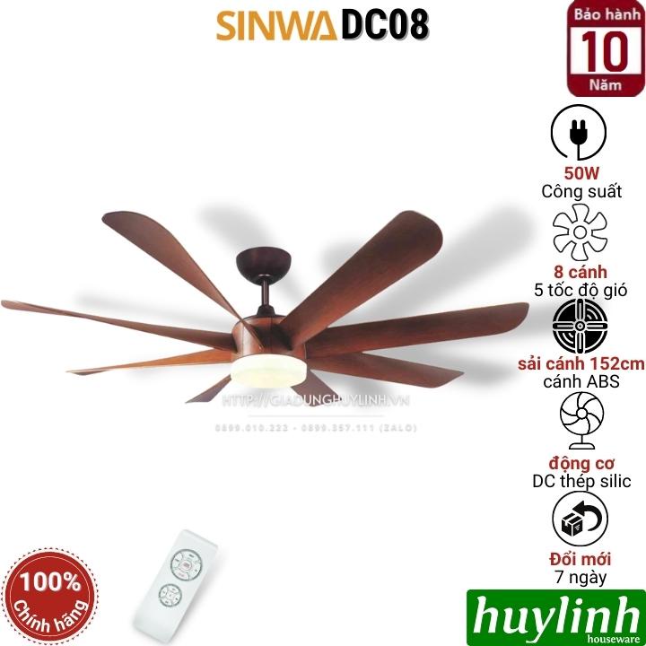Quạt trần đèn LED Sinwa DC08 - 8 cánh - DC inverter