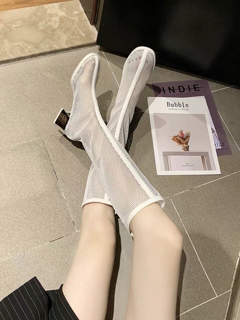 Sz 35-40 Boots đùi lưới phối viền bóng, gót gương 4cm
