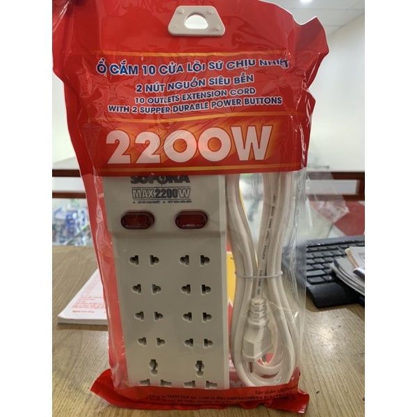 Ổ cắm 10Y4-10cửa lỗ sứ chịu nhiệt 2 nút nguồn dây4m