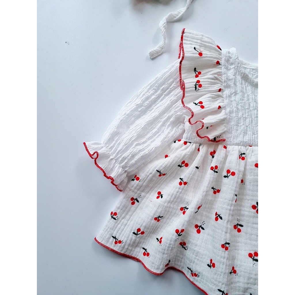 Bodysuit cho bé gái sơ sinh kèm nón chất liệu siêu mềm mát ⚡𝗙𝗥𝗘𝗘𝗦𝗛𝗜𝗣⚡ Set Body váy cho bé gái họa tiết cherry dễ thương