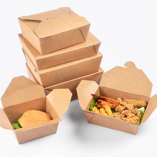 Hộp giấy kraft nâu móc chéo đựng thức ăn như cơm văn phòng, salad, xôi, vịt quay size 1000,1400,2000 ml