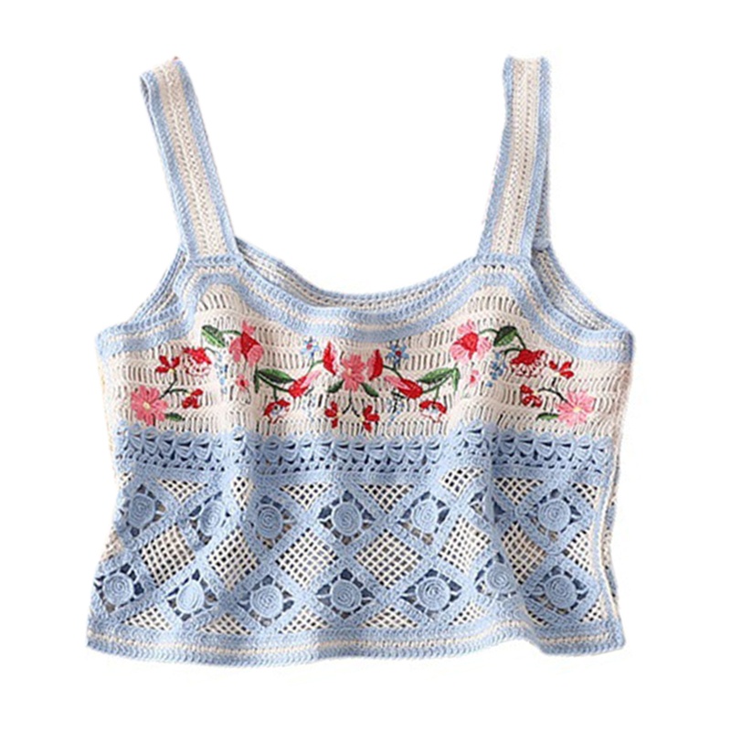 Áo Croptop Hai Dây Dệt Kim Ôm Dáng Thêu Họa Tiết Hoa Màu Sắc Tương Phản Thời Trang Đi Biển Cho Nữ