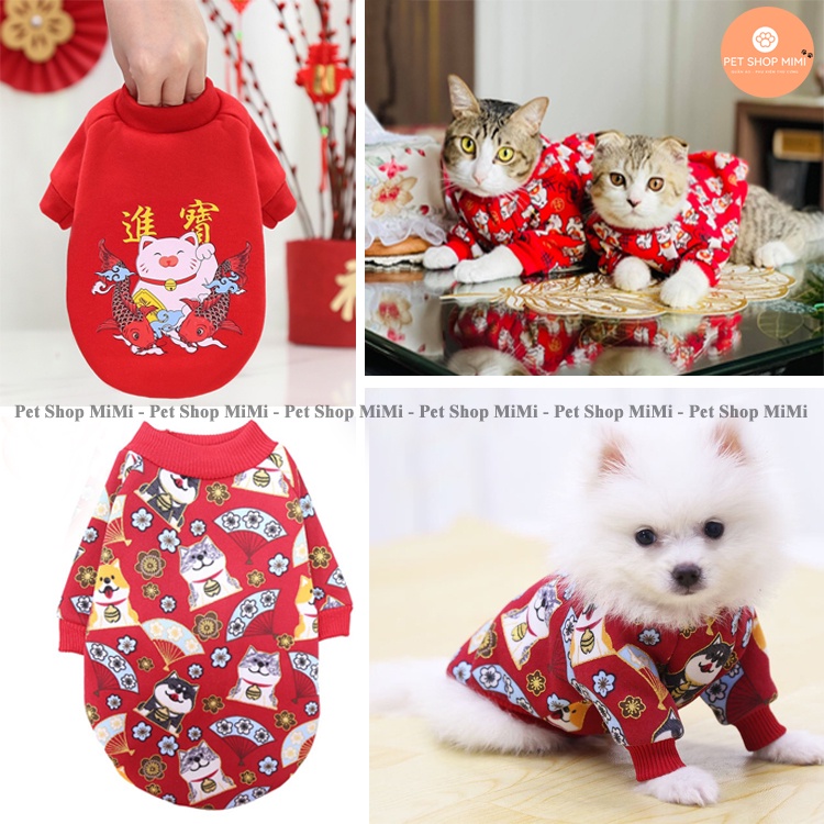 Áo nỉ đỏ mặc tết cho chó mèo, áo mùa đông cho thú cưng