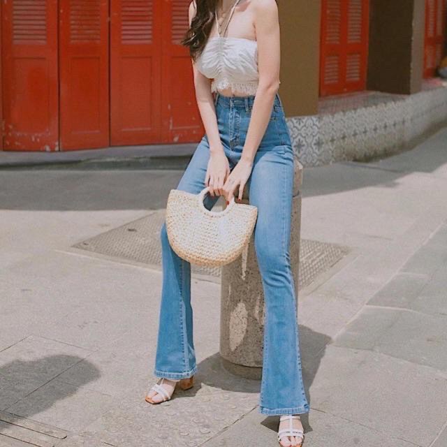 Quần jeans nữ ống loe bass, chất bò co dãn mạnh form dài 96cm lưng siêu cao mẫu mới Thuydieushop96 jn1