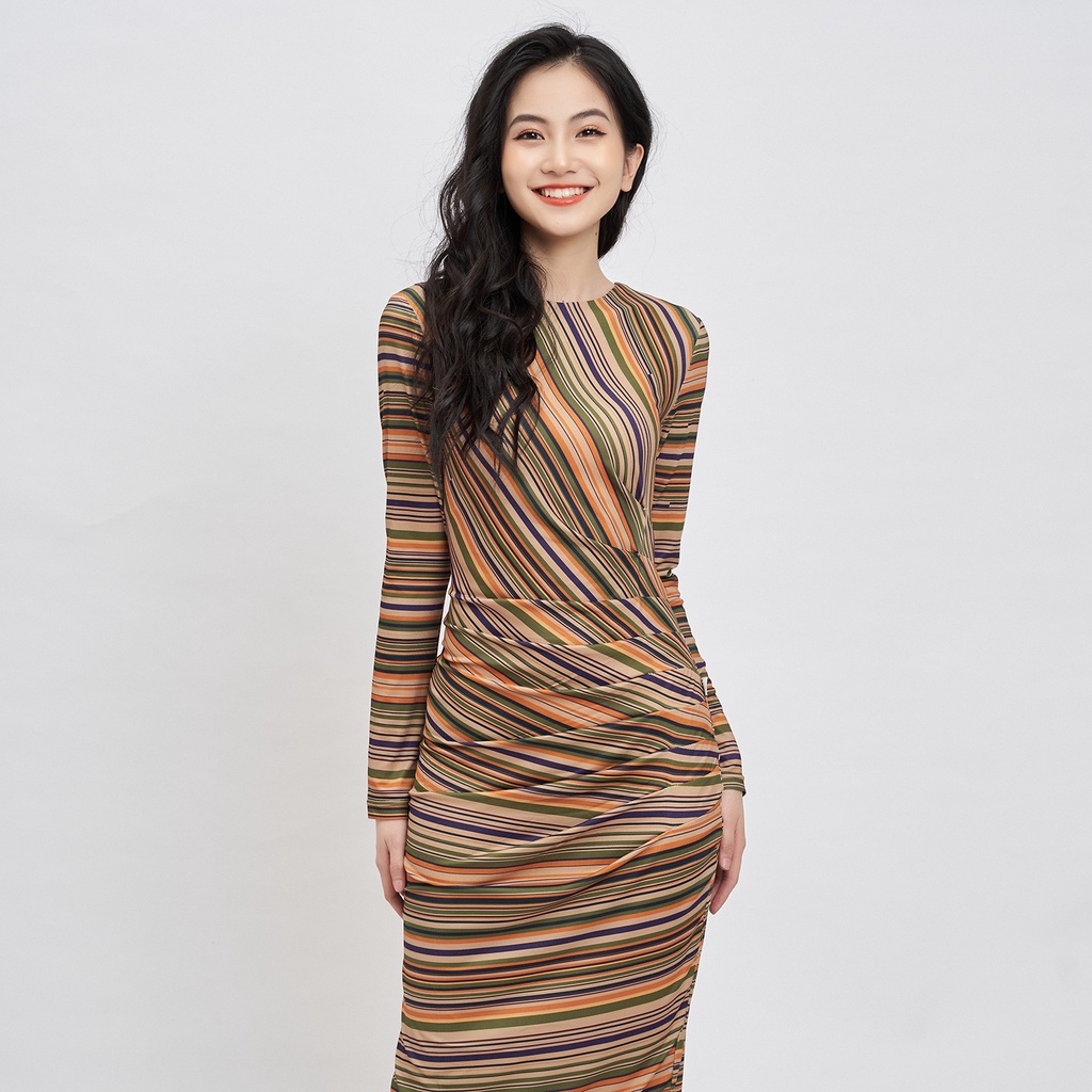 Đầm Body HECCI Cổ Tròn Nhiều Màu Tay Dài Phối Eo Nhún V122