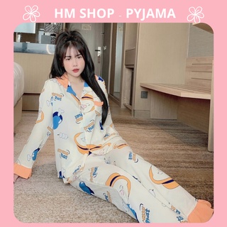 Bộ pijama lụa dài tay cổ bèo chất đẹp, Bộ mặc nhà nữ pijama chất lụa mago mềm mịn freesize