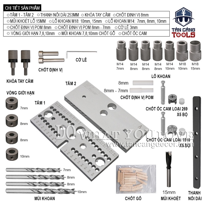 Bộ Cử Khoan Ốc Cam Liên Kết, Chốt Gỗ Wnew ( Bản Nâng Cấp Mới )