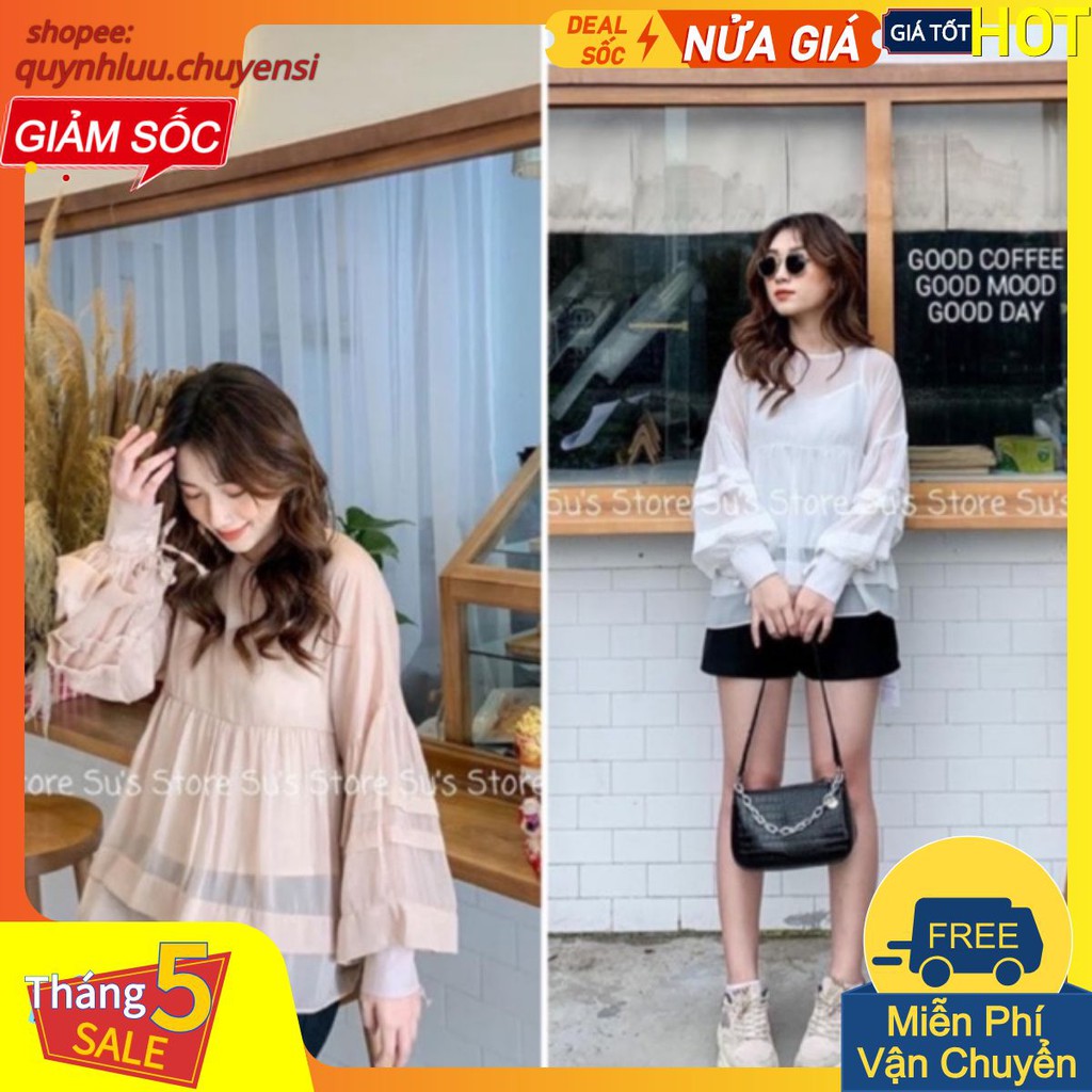 BÁN SỈ ÁO SƠ MI TAY XẾP 2 TẦNG ĐŨI LỤA 1 LỚP CHO NỮ