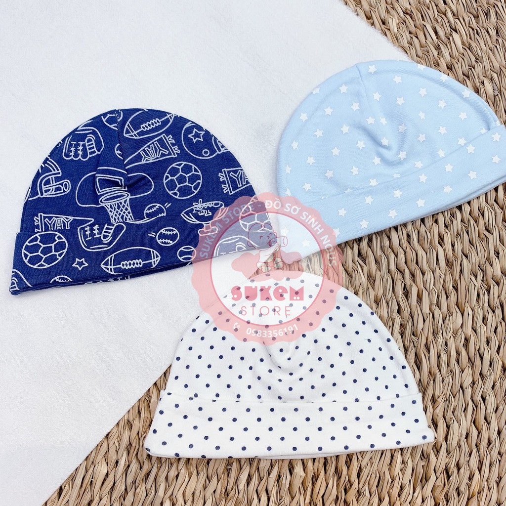 Set 3 Mũ Tròn Sonozy 0-3m 100% cotton mềm mại, không làm trầy xước làn da nhạy cảm của bé