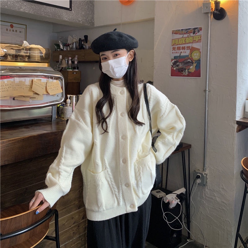 Áo Khoác Cardigan Dệt Kim Dáng Rộng Dày Dặn Ấm Áp Thời Trang Cho Nữ