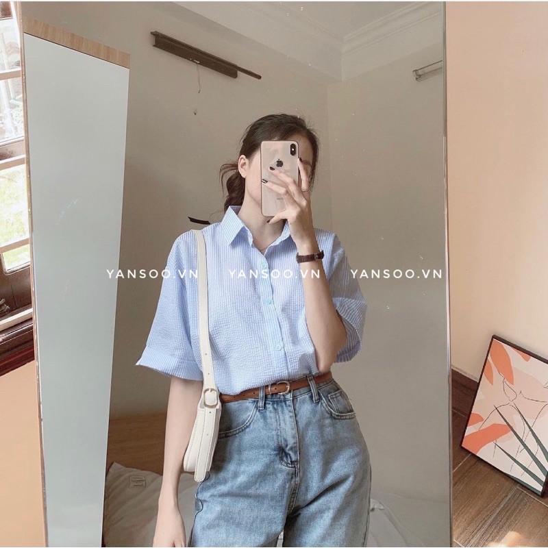 Áo somi nữ from rộng kẻ sọc Hàn Quốc , Áo somi nữ ngắn tay basic cổ đức YANSOO