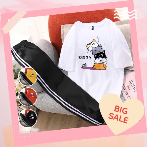 Sét Bộ xinh mặc ở nhà Áo form rộng oversize + quần thể thao chất liệu Cotton mềm mát dễ thương