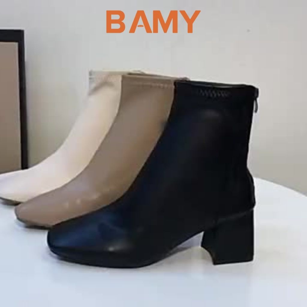 Bốt nữ da mềm Gân Chéo cổ cao khóa sau BAMY, giày boots ulzzang mũi vuông gót trụ 6 phân B01 | BigBuy360 - bigbuy360.vn