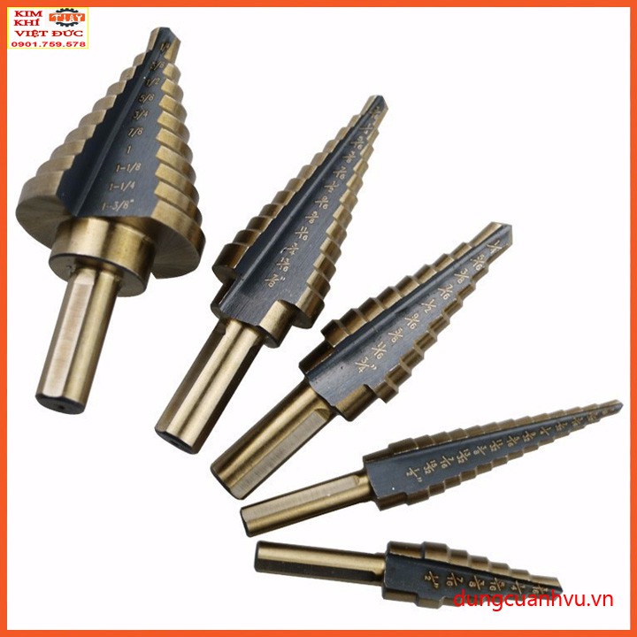Mũi khoan bước công nghê hệ inch thép HSS cô ban hộp nhôm Bộ 5