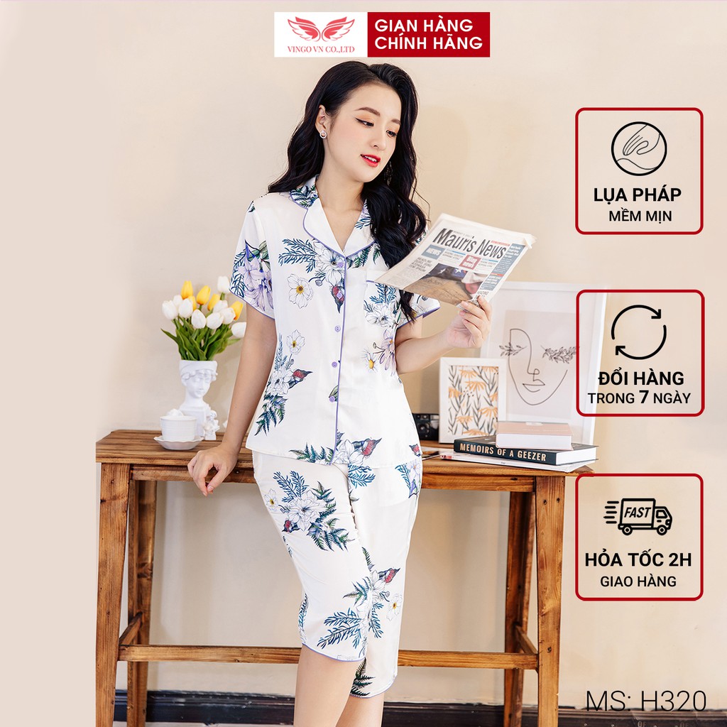 VINGO Bộ Pyjama Mặc Nhà Nữ Chất Liệu Lụa Pháp Tay Cộc Quần Lửng Họa Tiết Hoa Lá Phối Viền Tím H320 VNGO