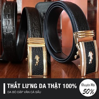 Thắt lưng da bò thật 100% - Thắt lưng nam cá sấu dây đen mặt vàng - Không lo bong tróc nổ da