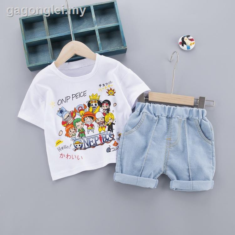 Bộ Áo Thun Cotton Tay Ngắn In Hoạt Hình One Piece + Quần Short Denim Thời Trang Mùa Hè Cho Bé Trai 1-4 Tuổi 1217