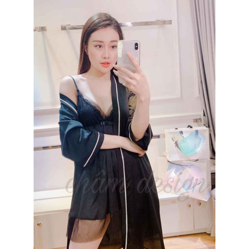 váy ngủ lụa satin đen chân lưới kèm choàng pha lé trắng, hàng thiết kế độc quyền
