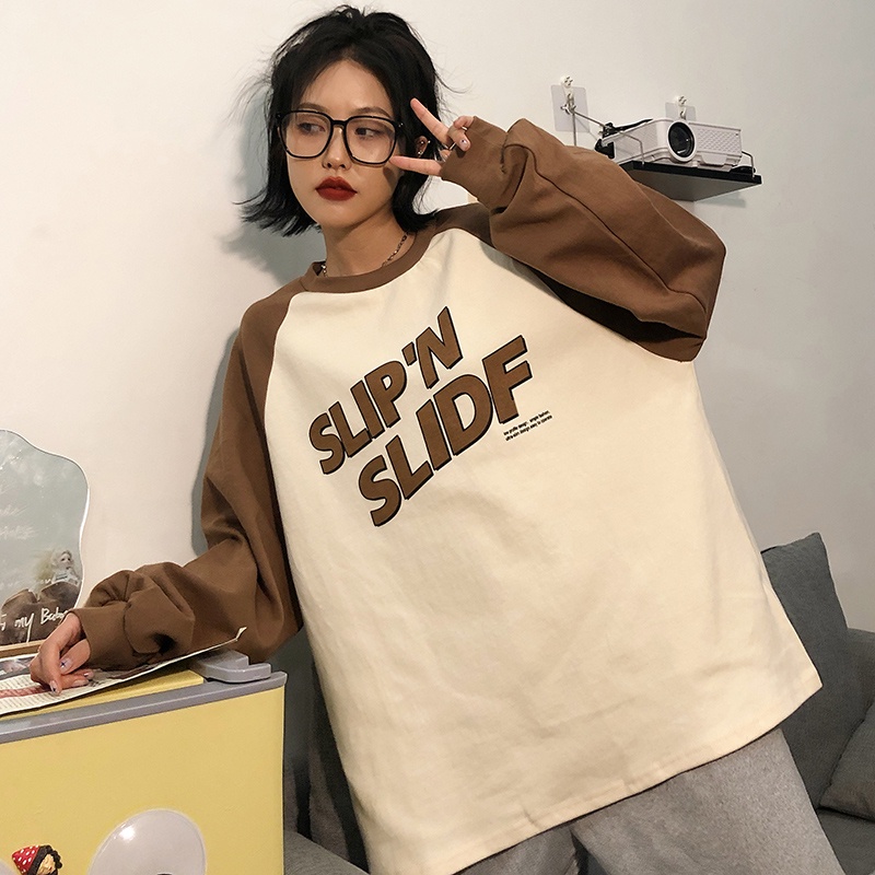 Áo thun oversize mùa xuân và mùa thu cổ tròn tay áo raglan dài tay