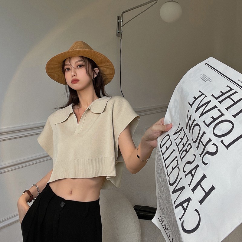 Áo kiểu croptop dệt kim dễ phối đồ phong cách đơn giản thời trang