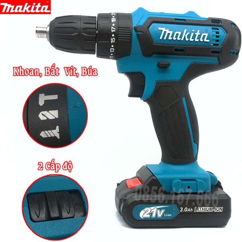 MÁY KHOAN PIN MAKITA 21V PIN CHUẨN 5 CELL - CÓ BÚA KHOAN TƯỜNG-TẶNG KÈM BỘ PHỤ KIỆN