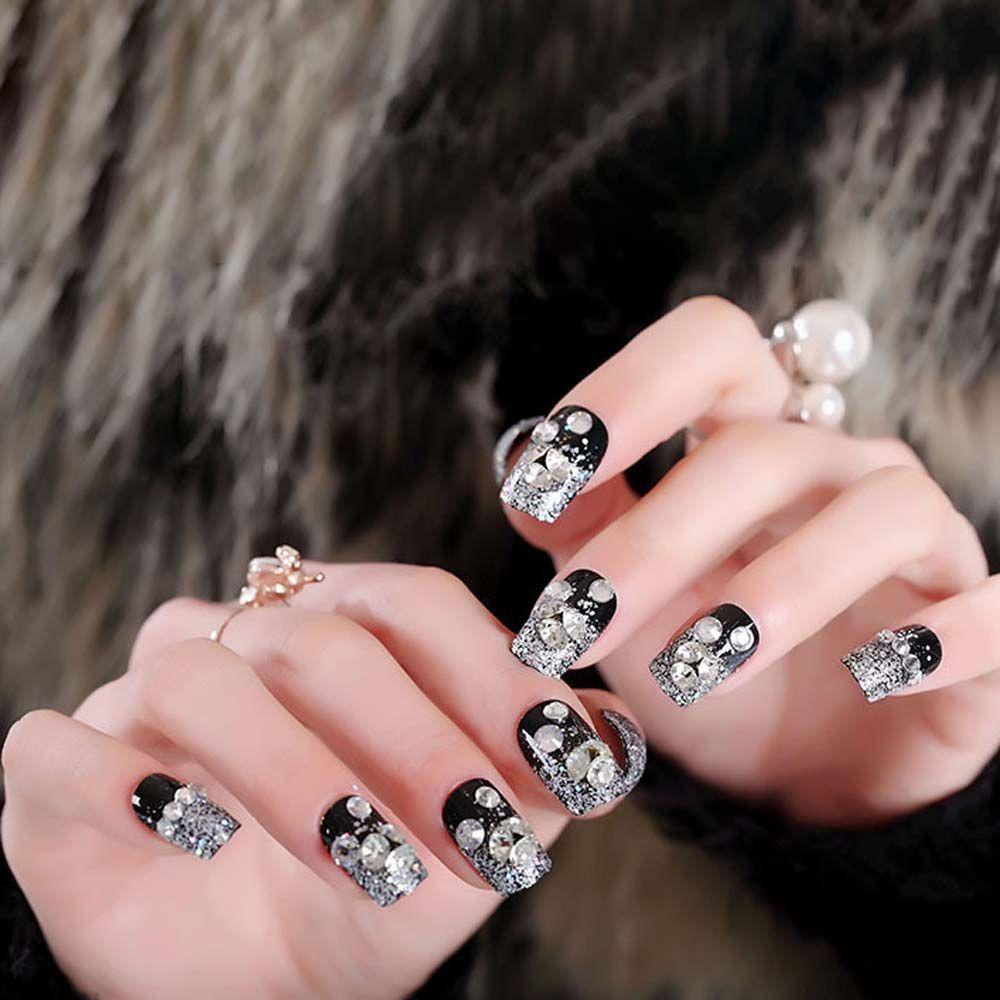 Bộ 24 Móng Tay Giả Đầu Vuông Màu Trắng Đen Dạng Nhấn Tinh Tế DIY