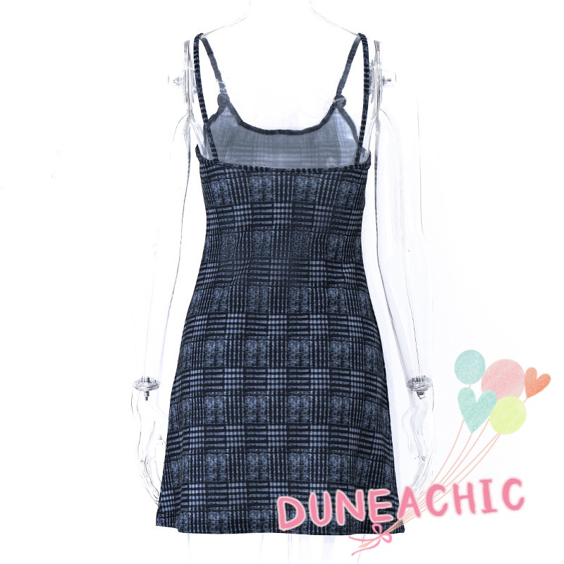 DUNEA Đầm hai dây hở lưng họa tiết sọc caro phong cách cổ điển