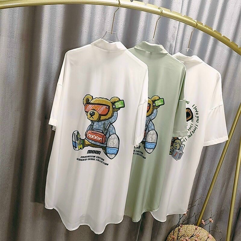 Váy ngủ sơ mi lụa tay lỡ Gấu cute 14