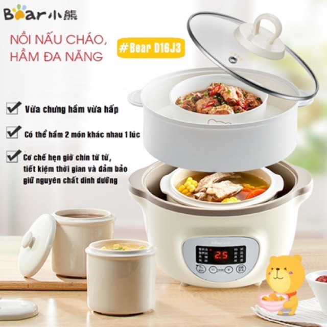 Nồi Nấu Cháo Cách Thuỷ Bear 1,6L, 0,8L NẤU CHÁO, NINH, HẦM, HẤP CÁCH THỦY BEAR - BẢN QUỐC TẾ