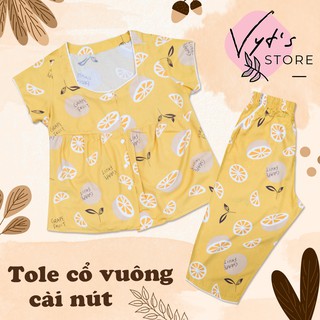 Đồ bộ nữ tole lanh lửng cổ vuông nút_01