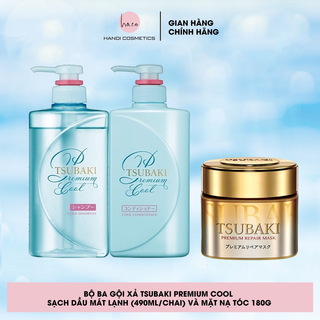 Bộ Ba Gội Xả Tsubaki Premium Cool Sạch Dầu Mát Lạnh (490ml/chai) và Mặt Nạ Tóc 180g